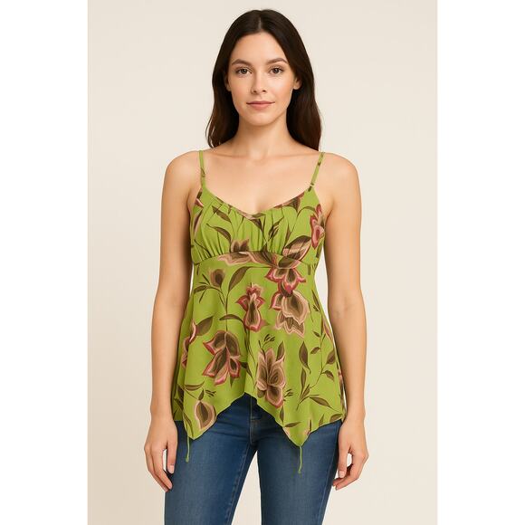 Self Esteem Green Floral Babydoll Tank Top Size Large Adjustable Strap Y2K Chic - Picture 1 of 4